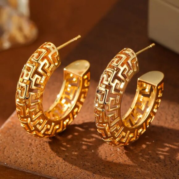 14K Gold Womens Geometric Chunky Semi Hoop Earrings Ladies 14 K Silver Jewelry - Picture 1 of 6